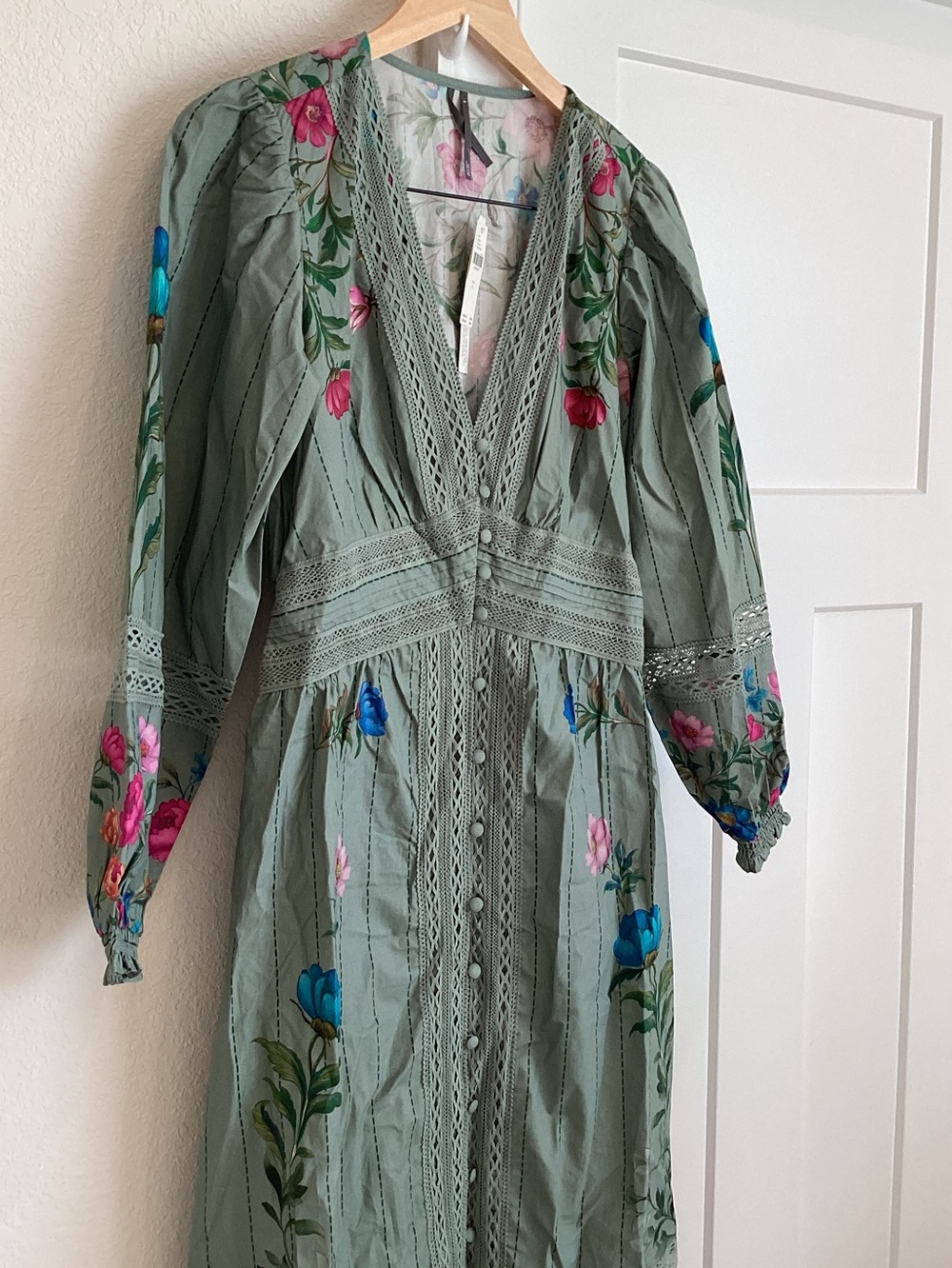 Anthropologie V-Neck Button Front Midi Dress New Small Sage Green Floral - Picture 5 of 15